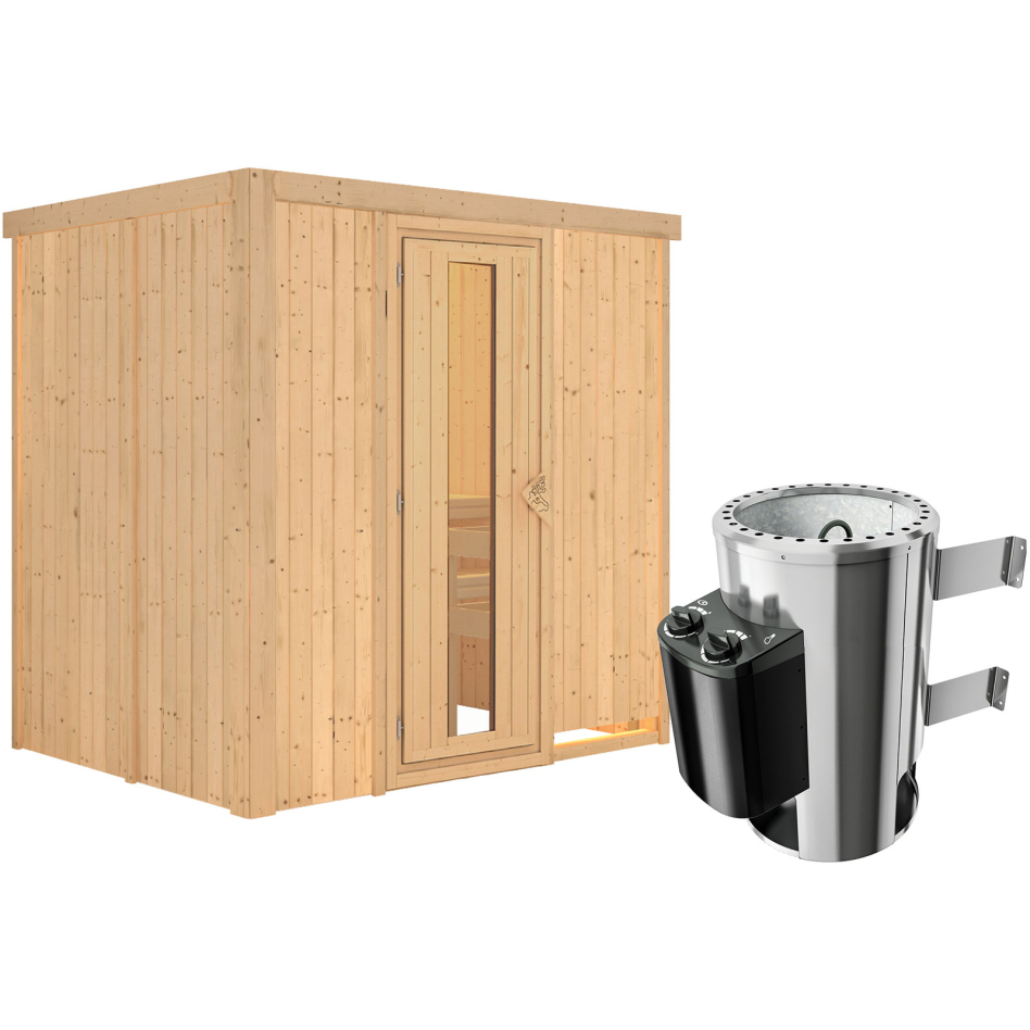 Karibu Sauna Fanja, 3,6 kW Ofen, Plug&Play int. Steuerung, Porte en bois avec vitrage isolant,sans corniche,vitrage claire