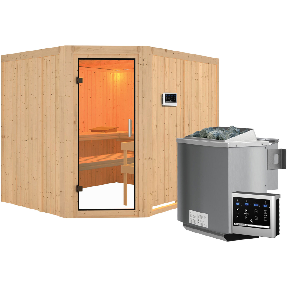 Karibu Sauna Malin, 9 kW cmd ext. Easy Bio, Porte tout verre,sans corniche,vitrage claire