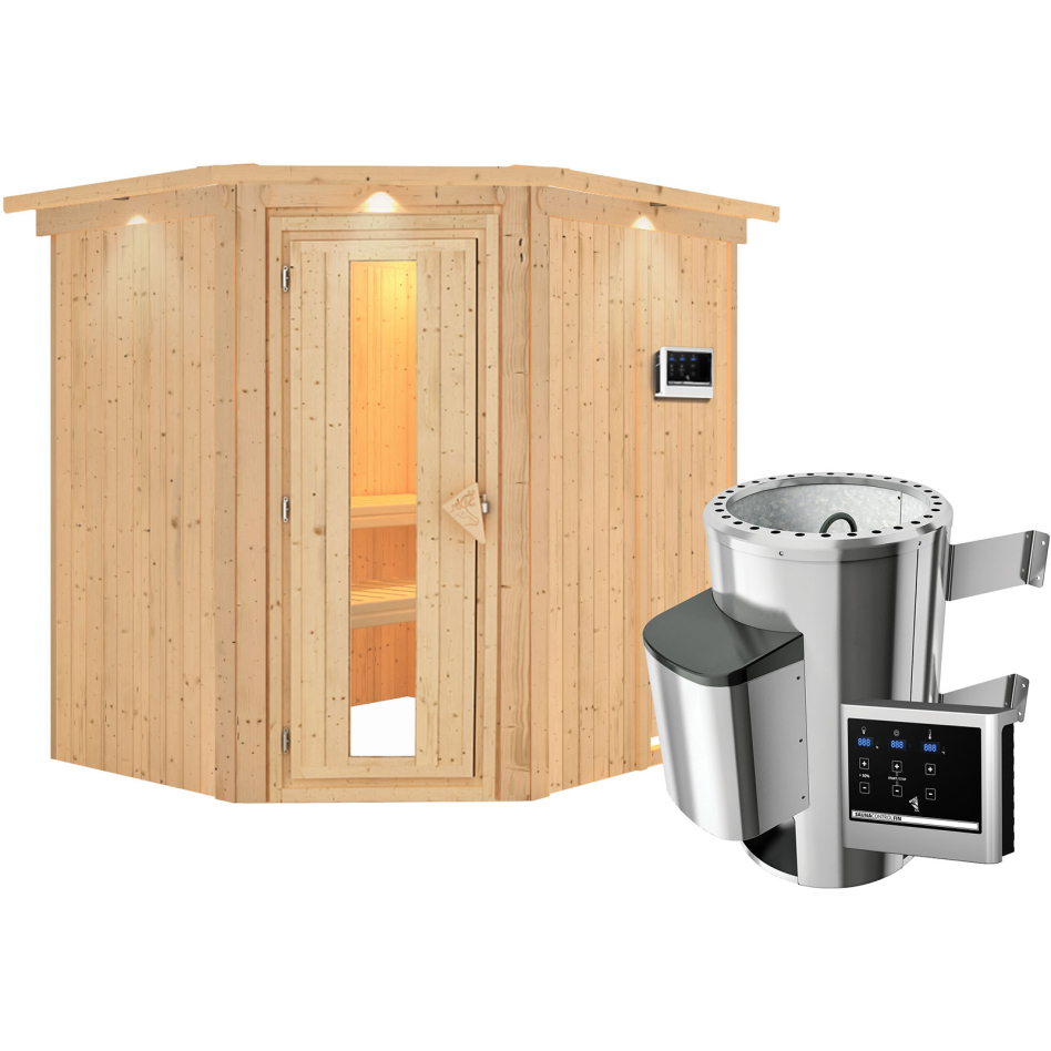 Sauna Karibu Lilja, Easy Finnisch 3,6 kW Ofen, avec costière de toiture,Porte en bois avec vitrage isolant,vitrage claire