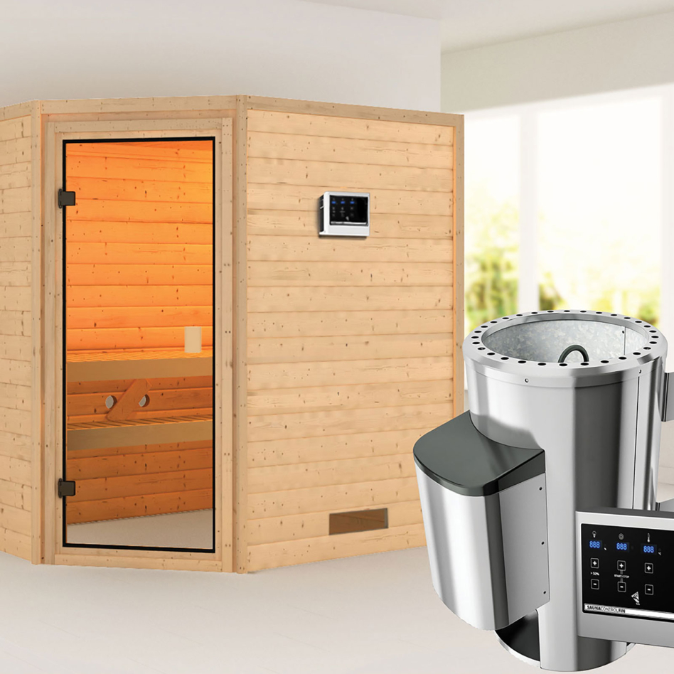 Sauna Karibu Woodfeeling Jella, Easy Finnisch 3,6 kW Ofen, sans corniche