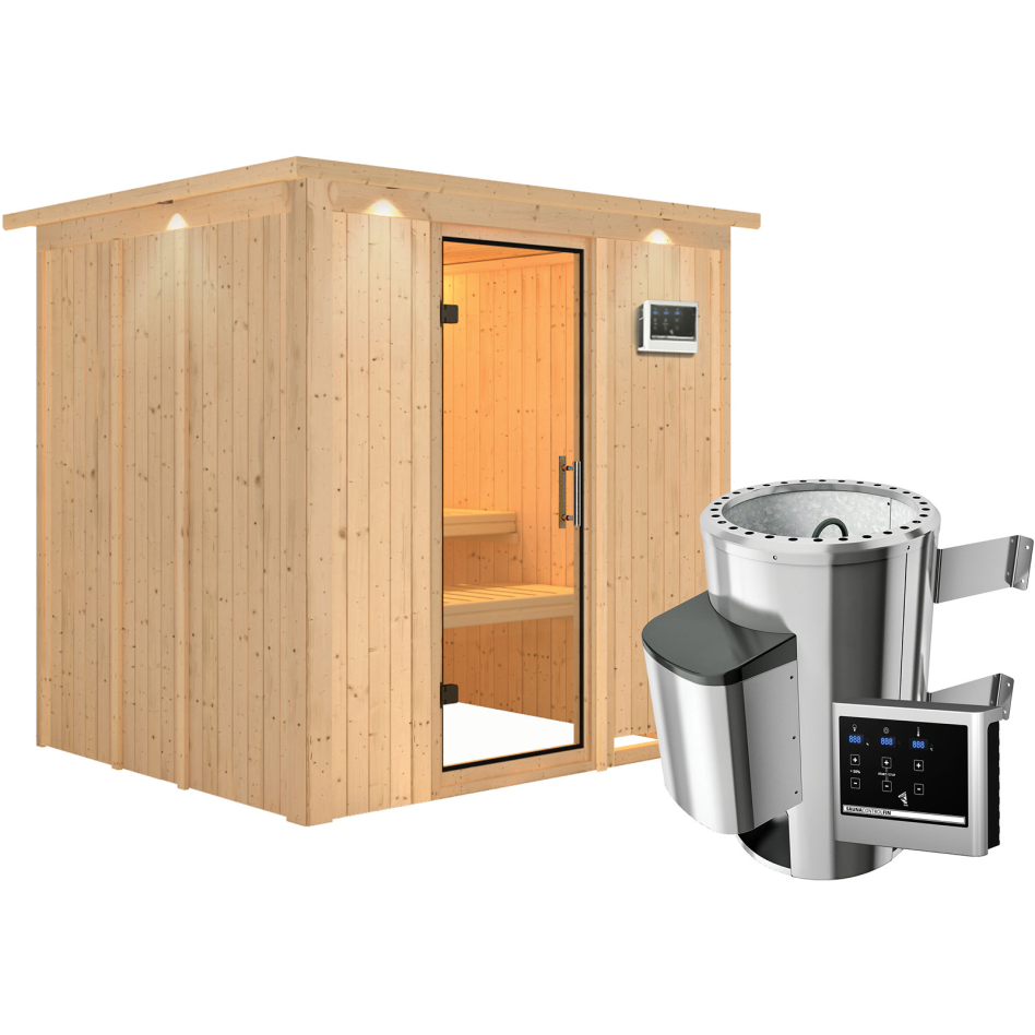 Sauna Karibu Daria, Easy Finnisch 3,6 kW Ofen, avec costière de toiture,Porte tout verre,vitrage claire