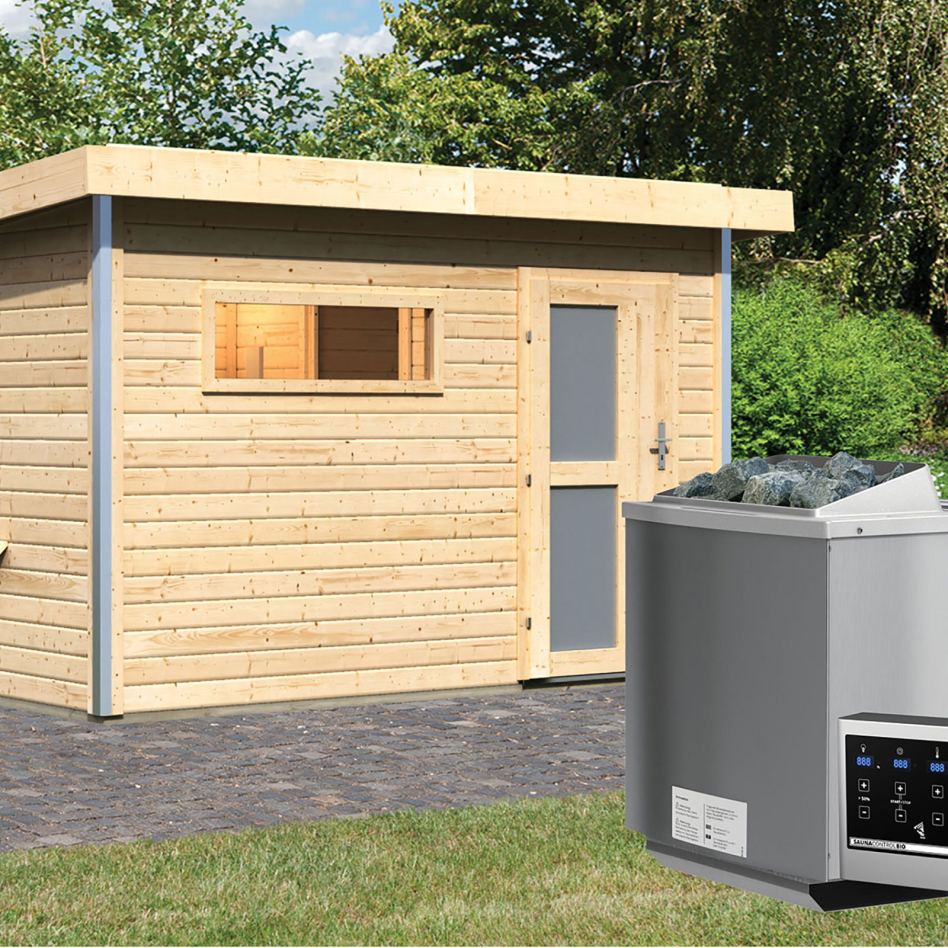 Karibu maison de sauna Skrollan 1 naturel (non traité), 9 kW cmd ext. Easy Bio, vitrage opaque