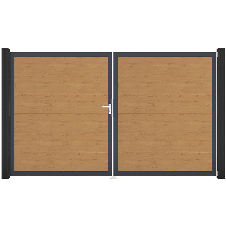 Portail double GroJa BasicLine PVC pour clôture emboîtables, couleur chêne naturel, DIN gauche, anthracite DB 703