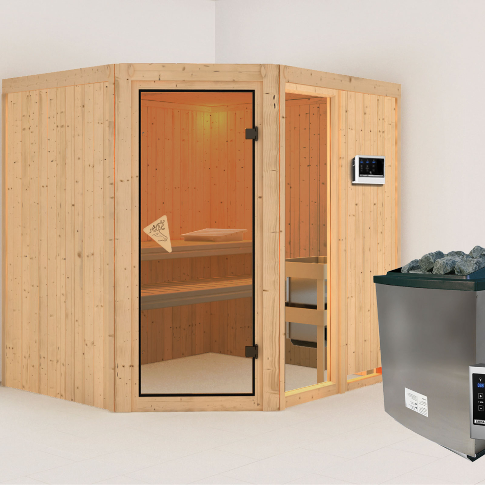 Karibu Sauna Fiona 2, 9 kW cmd ext. Easy Finnisch, avec costière de toiture