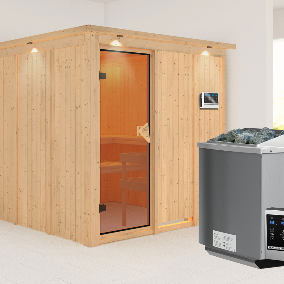 Karibu Sauna Rodin, 9 kW cmd ext. Easy Bio, avec costière de toiture,bronzé,Porte tout verre
