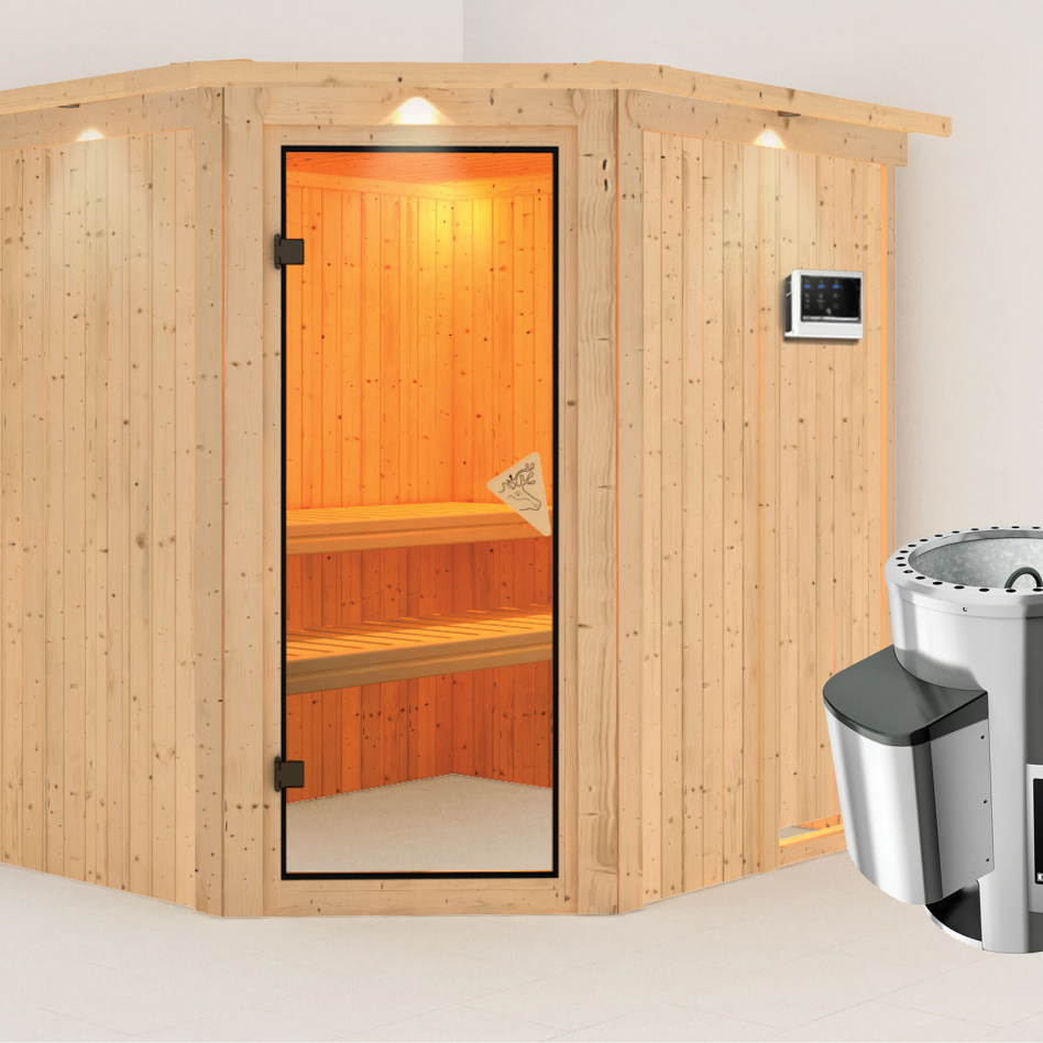 Sauna Karibu Lilja, Easy Finnisch 3,6 kW Ofen, avec costière de toiture,bronzé,Porte tout verre