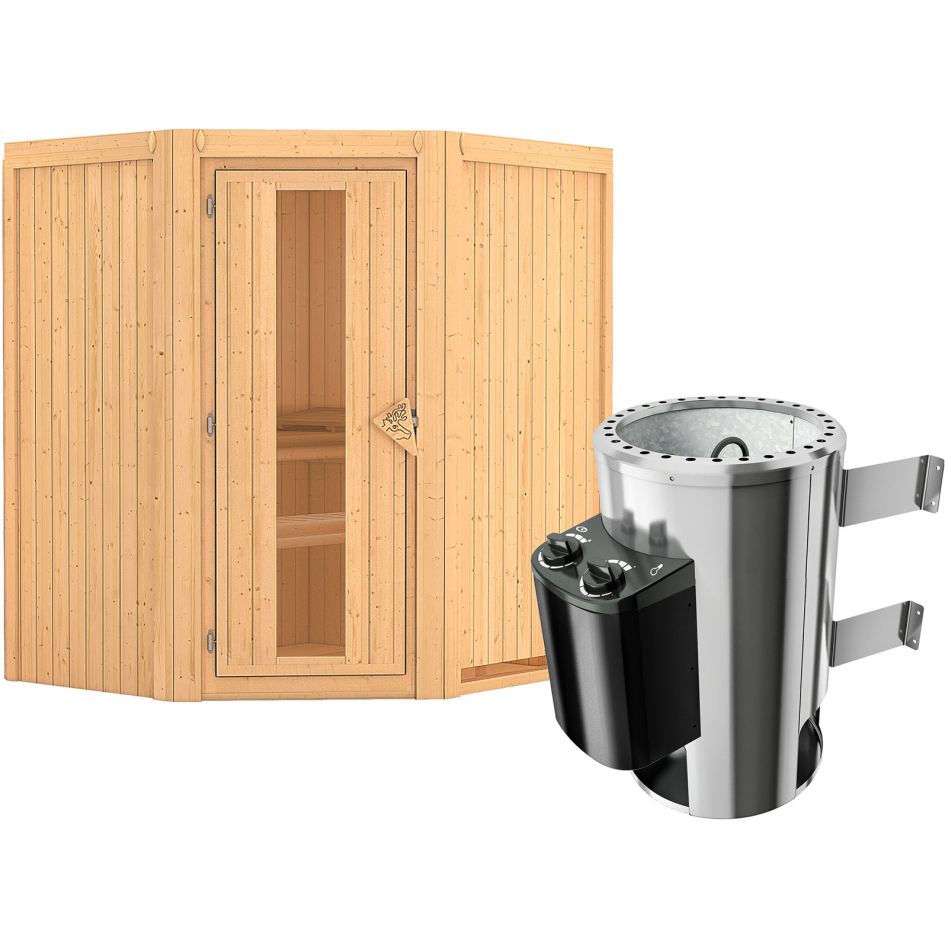 Karibu Sauna Tonja, 3,6 kW Ofen, Plug&Play int. Steuerung, Porte en bois avec vitrage isolant,sans corniche,vitrage claire