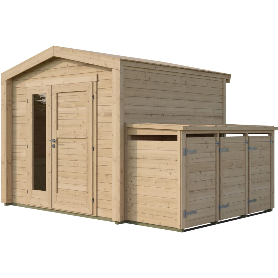 weka Gartenhaus Killarney Naturbelassen inkl. 3er Mülltonnenbox, Nein, 250x250 cm,links Vollglas, rechts Holzfüllung