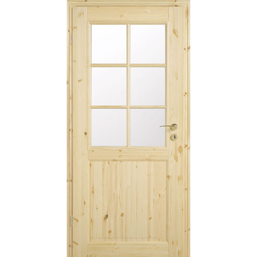 Kilsgaard Zimmertür Holz mit Glas Typ 02/SP6 - SP9 Kiefer unbehandelt, DIN Links, 735x1985 mm,ESG Klarglas (6 Sprossen)