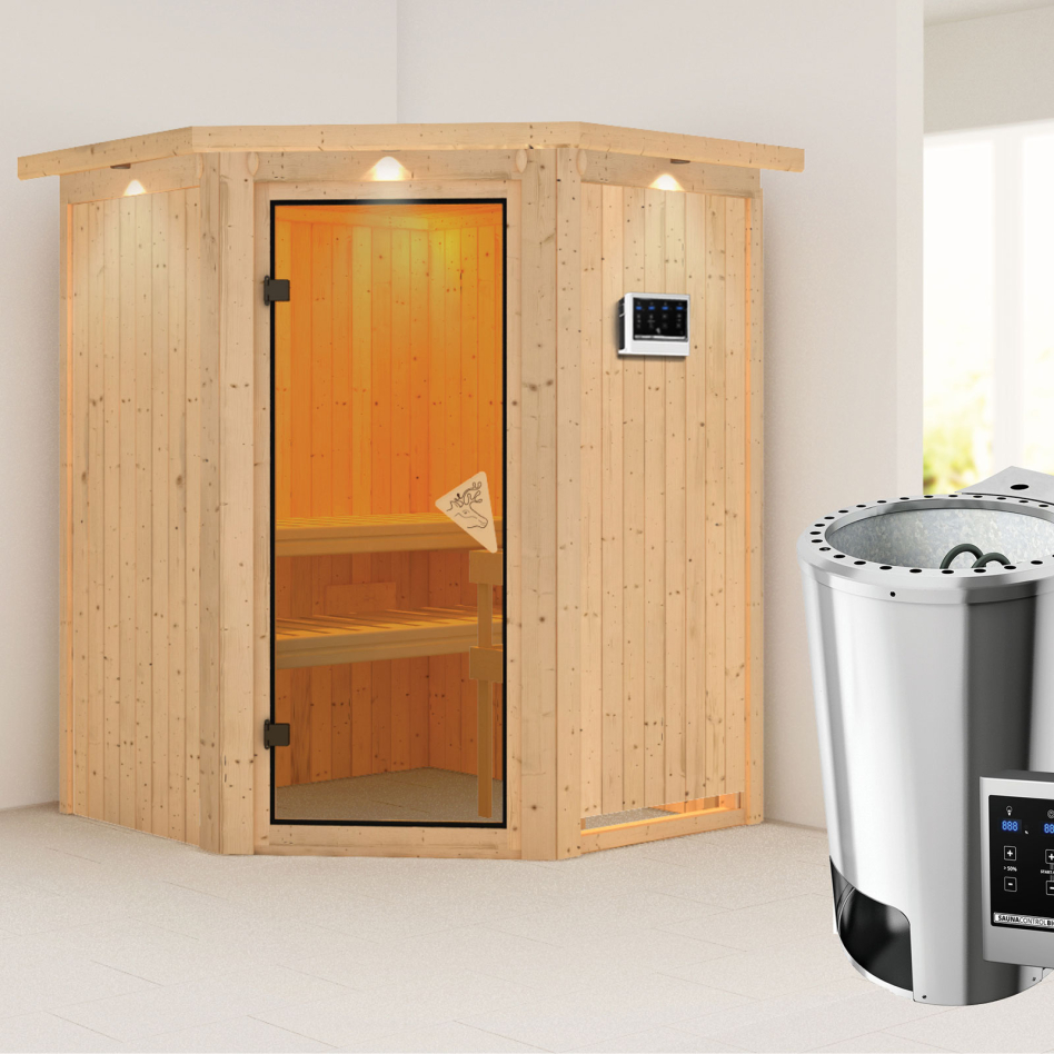 Karibu Sauna Nanja, Easy Bio 3,6 kW Ofen, avec costière de toiture,bronzé,Porte tout verre