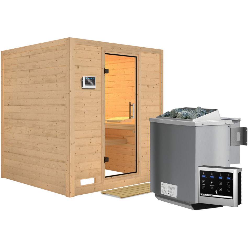 Karibu Sauna Mojave, 9 kW cmd ext. Easy Bio, Porte tout verre,sans corniche,vitrage claire