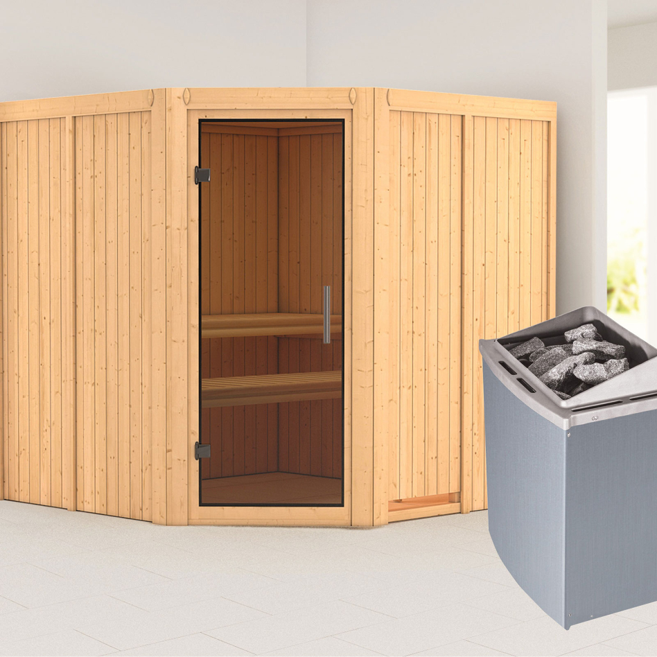Karibu Sauna Jarin, 9 kW cmd intégrée, graphit,Porte tout verre,sans corniche