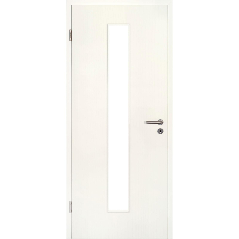 Kilsgaard Zimmertür mit Lichtausschnitt/Glas schmal mittig Esche weiß Lamikor Typ 43/LA05 Rundkante, DIN Links, 985x2110 mm,ohne Verglasung