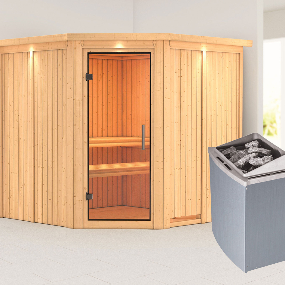 Karibu Sauna Jarin, 9 kW cmd intégrée, avec costière de toiture,Porte tout verre,vitrage claire