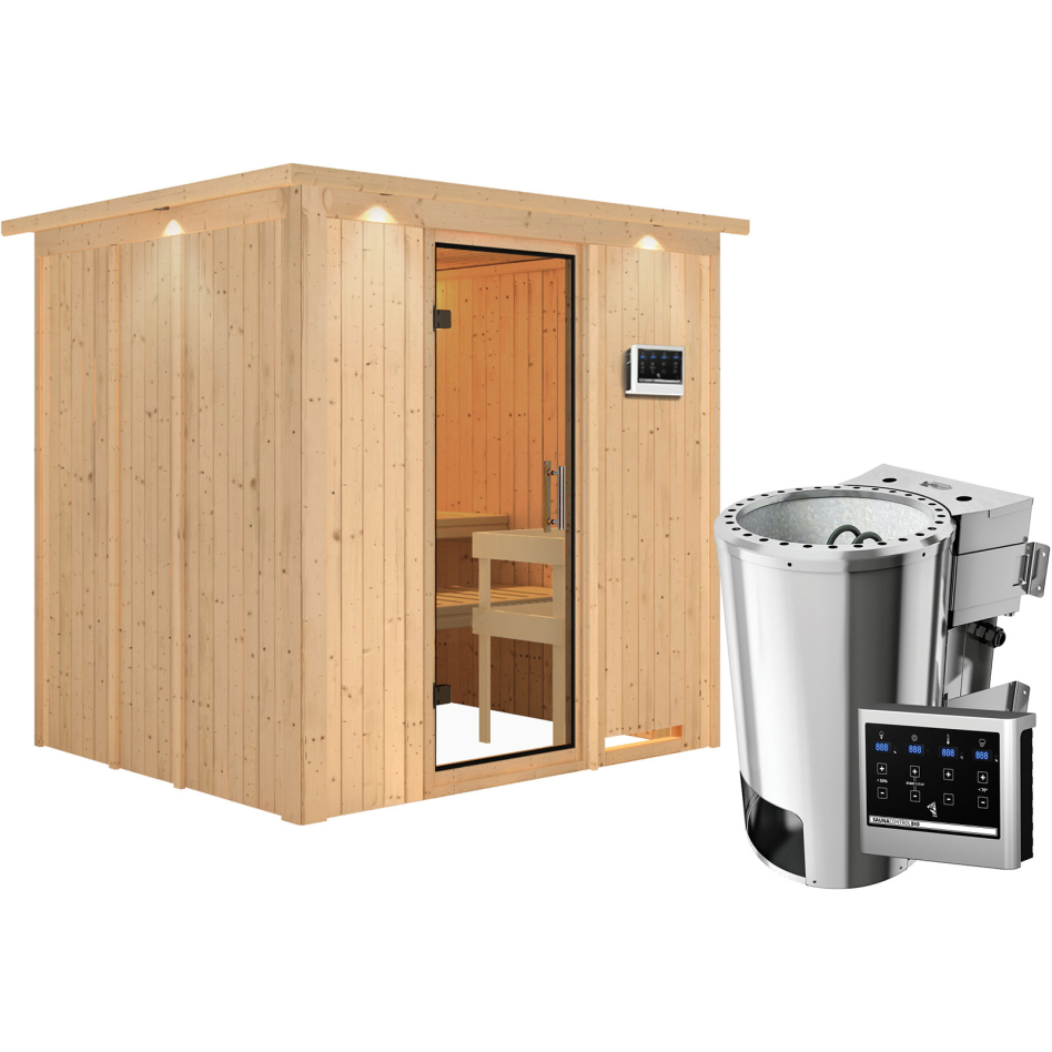 Sauna Karibu Daria, Easy Bio 3,6 kW Ofen, avec costière de toiture,Porte tout verre,vitrage claire