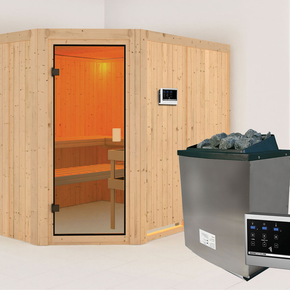 Sauna Karibu Woodfeeling Horna, 9 kW cmd ext. Easy Finnisch