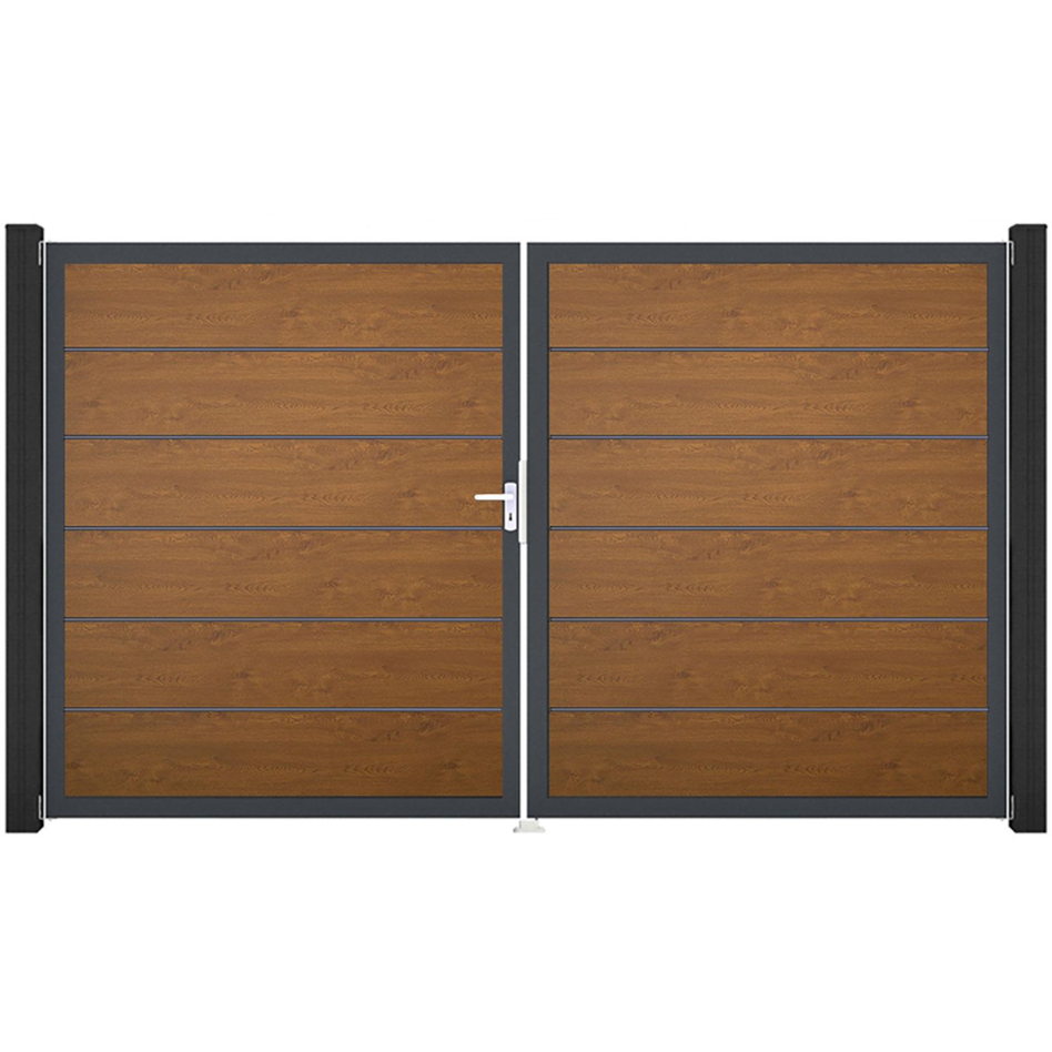 GroJa Doppeltor BasicLine Premium PVC-Steckzaun Golden Oak , DIN Links, Anthrazit DB 703