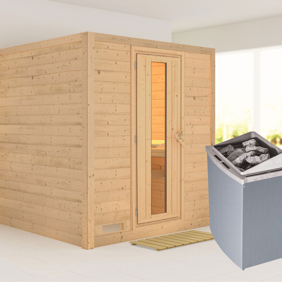 Karibu Sauna Mojave, 9 kW cmd intégrée, Porte en bois avec vitrage isolant,sans corniche,vitrage claire