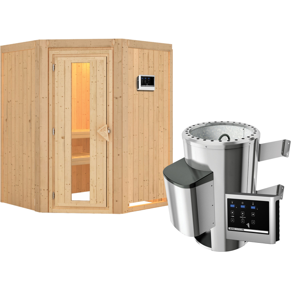Karibu Sauna Nanja, Easy Finnisch 3,6 kW Ofen, Porte en bois avec vitrage isolant,sans corniche,vitrage claire