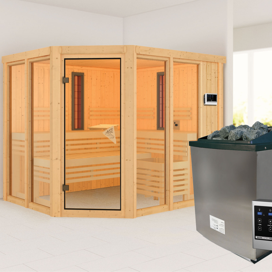 Sauna IR multifonctions Karibu Ava, 9 kW cmd ext. Easy Finnisch, sans corniche