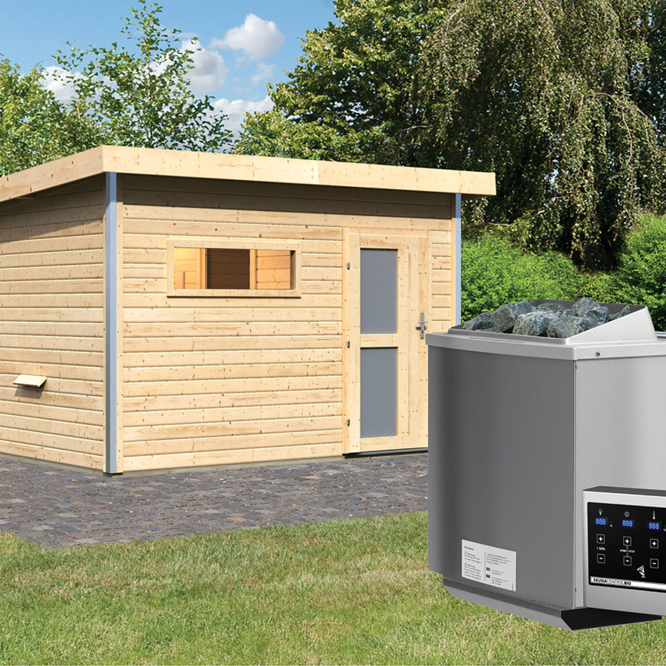Maison de sauna Karibu Skrollan 2 Naturel, 9 kW cmd ext. Easy Bio, vitrage opaque