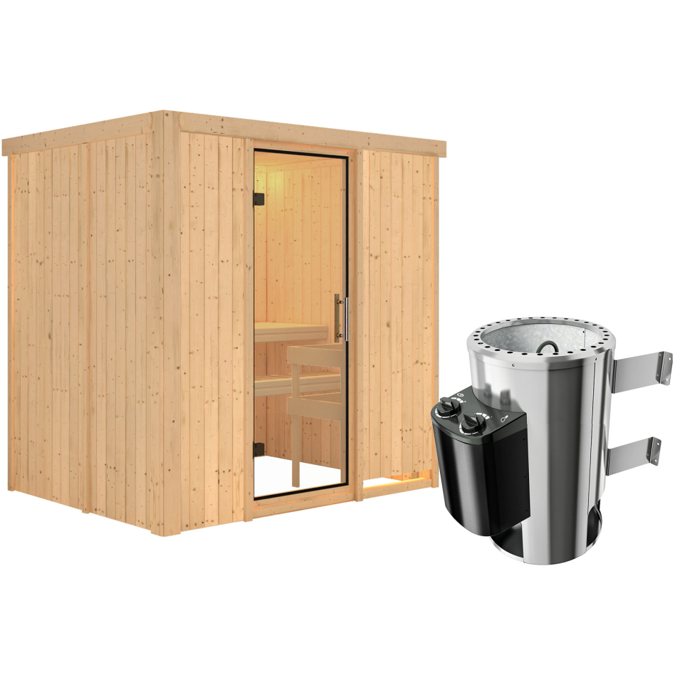 Karibu Sauna Fanja, 3,6 kW Ofen, Plug&Play int. Steuerung, Porte tout verre,sans corniche,vitrage claire