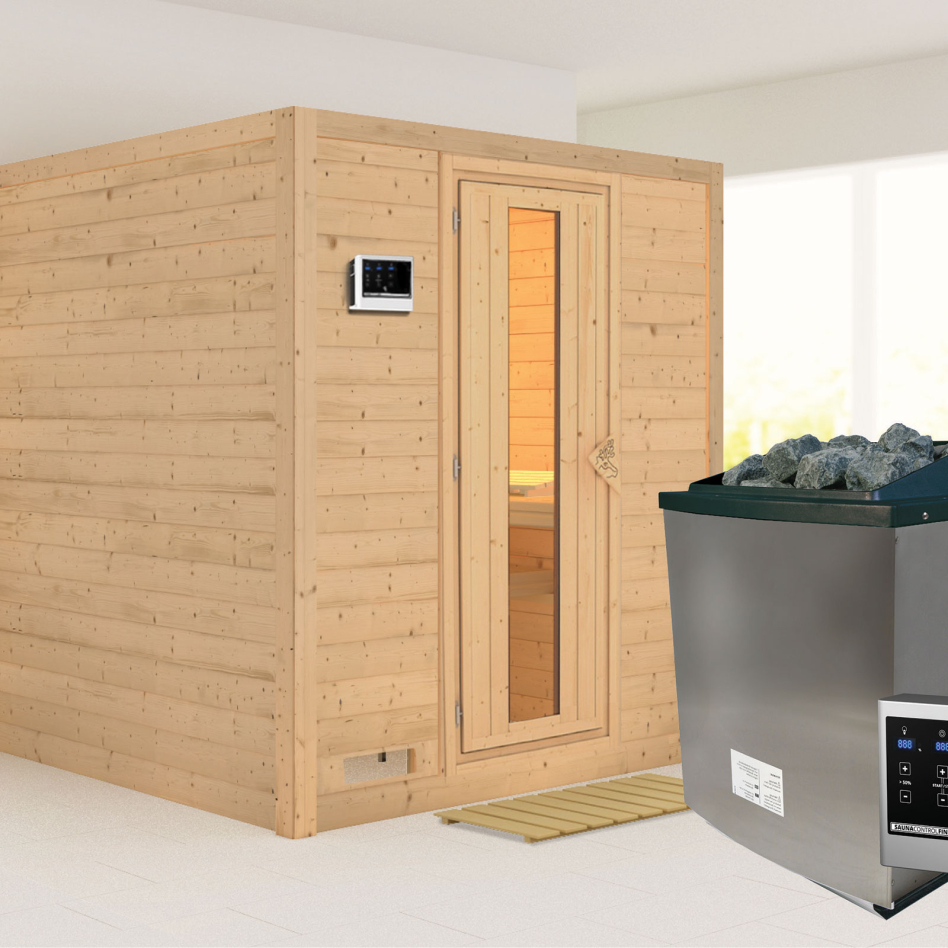 Karibu Sauna Mojave, 9 kW cmd ext. Easy Finnisch, Porte en bois avec vitrage isolant,sans corniche,vitrage claire