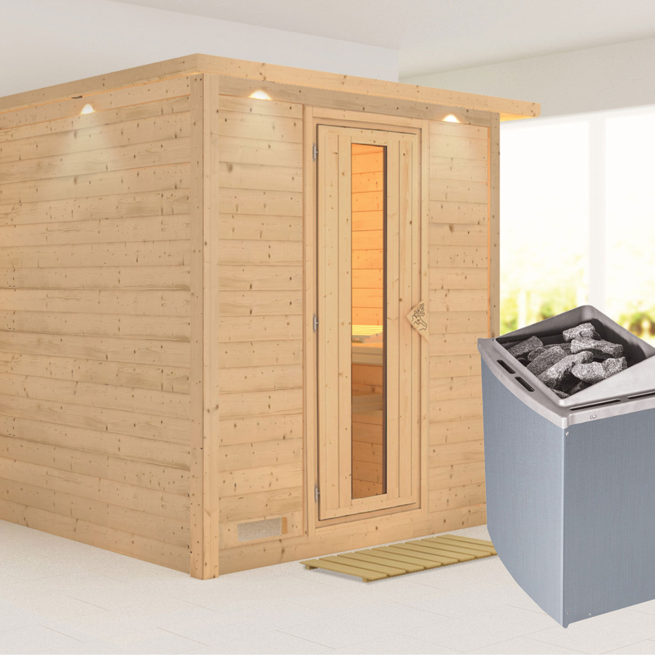 Karibu Sauna Mojave, 9 kW cmd intégrée, avec costière de toiture,Porte en bois avec vitrage isolant,vitrage claire