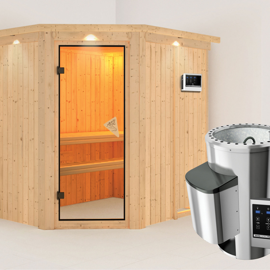 Sauna Karibu Saja, Easy Finnisch 3,6 kW Ofen, avec costière de toiture,bronzé,Porte tout verre