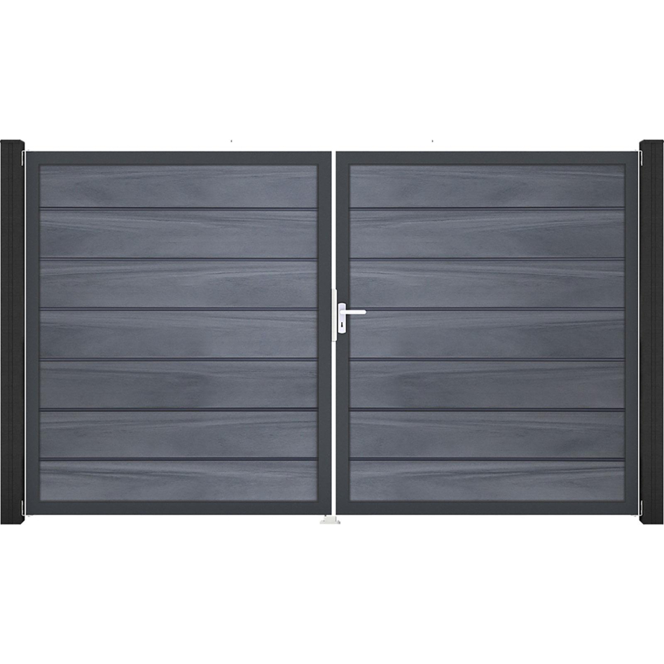 Portail double GroJa Solid Grande Premium à lames emboîtables gris pierre co-extrudé, DIN droite, anthracite DB 703