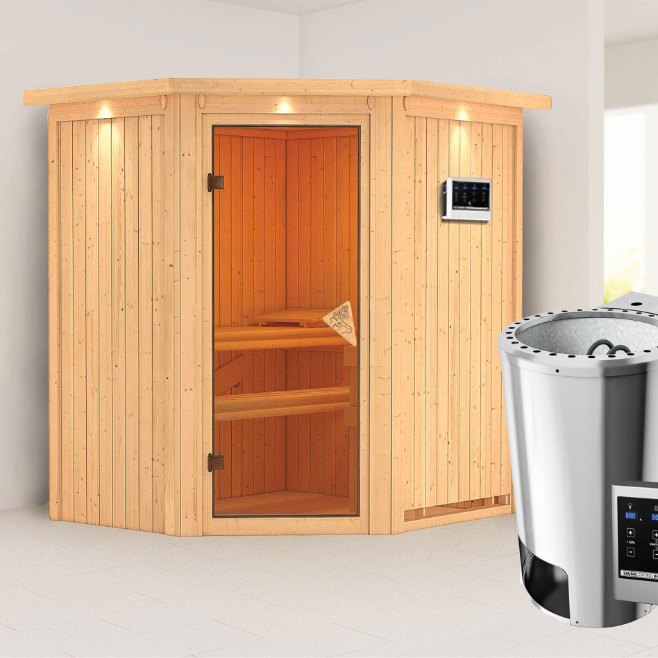 Karibu Sauna Tonja, Easy Bio 3,6 kW Ofen, avec costière de toiture,bronzé,Porte tout verre