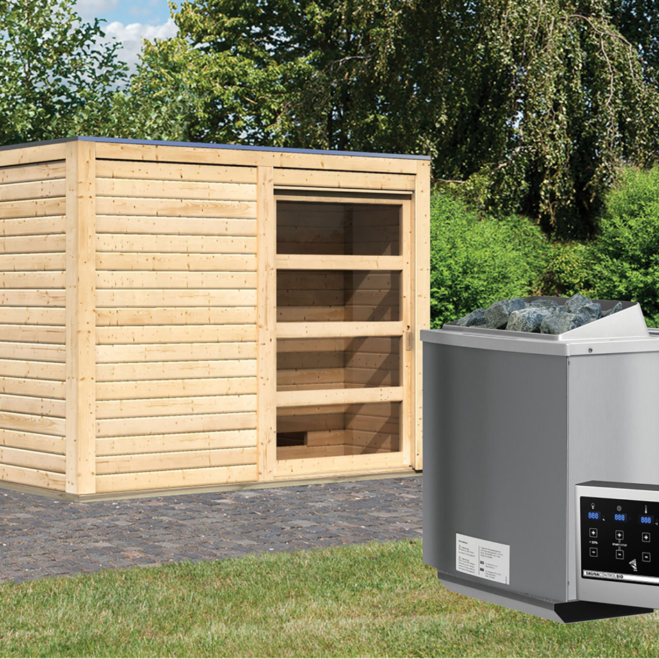 Maison de sauna Karibu Cuben bois naturel, 9 kW cmd ext. Easy Bio