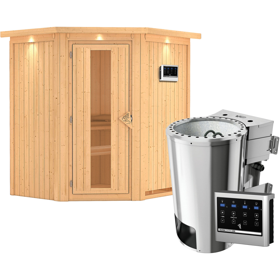 Karibu Sauna Tonja, Easy Bio 3,6 kW Ofen, avec costière de toiture,Porte en bois avec vitrage isolant,vitrage claire