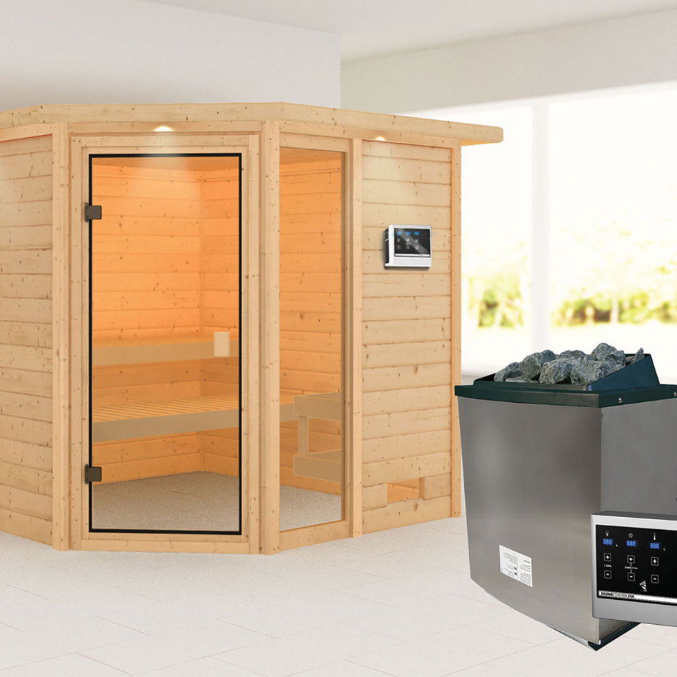Sauna Karibu Woodfeeling Tabea, 9 kW cmd ext. Easy Finnisch, avec costière de toiture