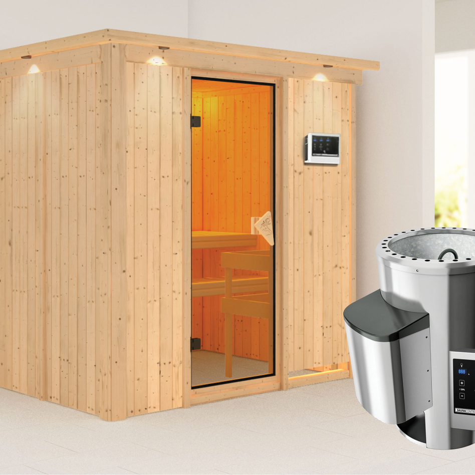 Karibu Sauna Fanja, Easy Finnisch 3,6 kW Ofen, avec costière de toiture,bronzé,Porte tout verre