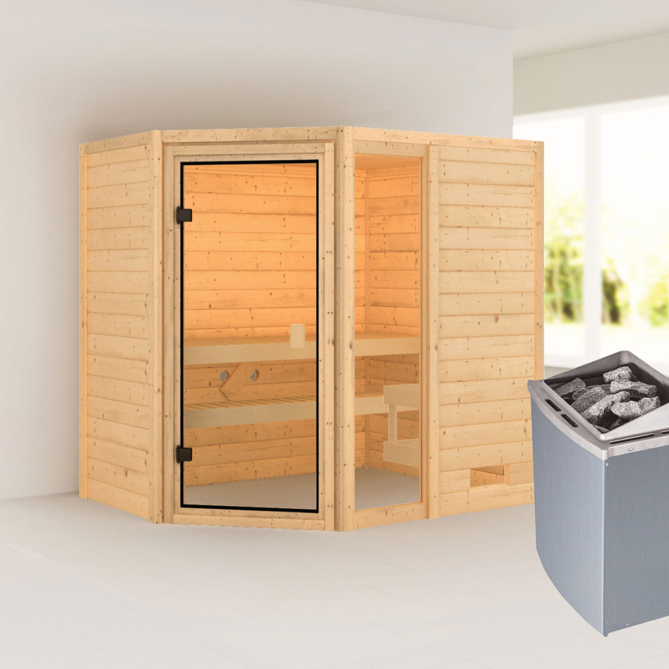 Sauna Karibu Woodfeeling Jada, 9 kW cmd intégrée, sans corniche