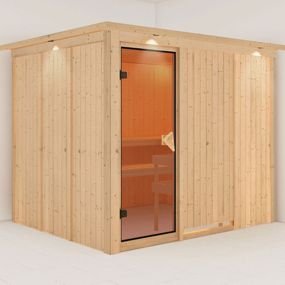 Karibu Sauna Gobin, sans poêle, avec costière de toiture,bronzé,Porte tout verre
