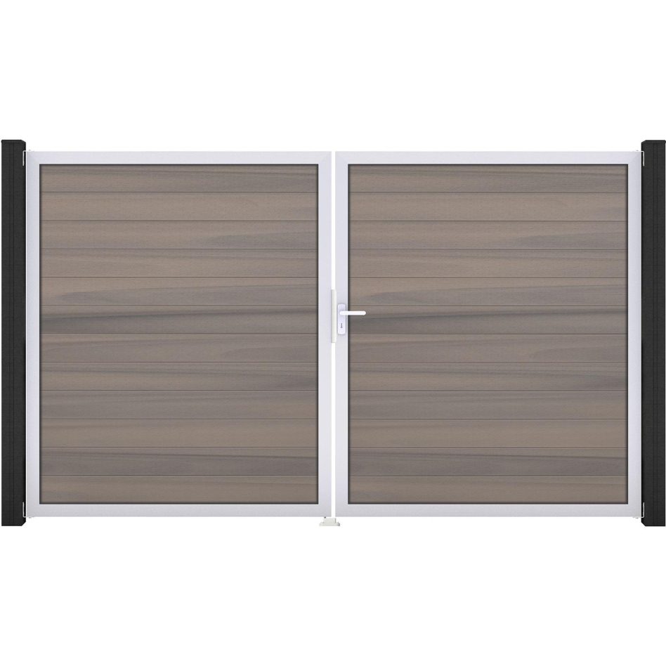 Portail double GroJa Solid pour clôture à lames emboîtables, couleur bi-color co-extrudé, DIN droite, argent EV1