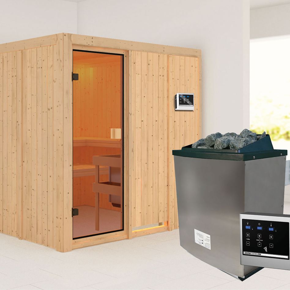 Sauna Karibu Woodfeeling Oulu, 9 kW cmd ext. Easy Finnisch