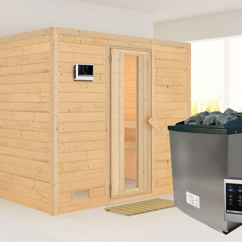 Karibu Sauna Sonara, 9 kW cmd ext. Easy Finnisch, Porte en bois avec vitrage isolant,sans corniche,vitrage claire