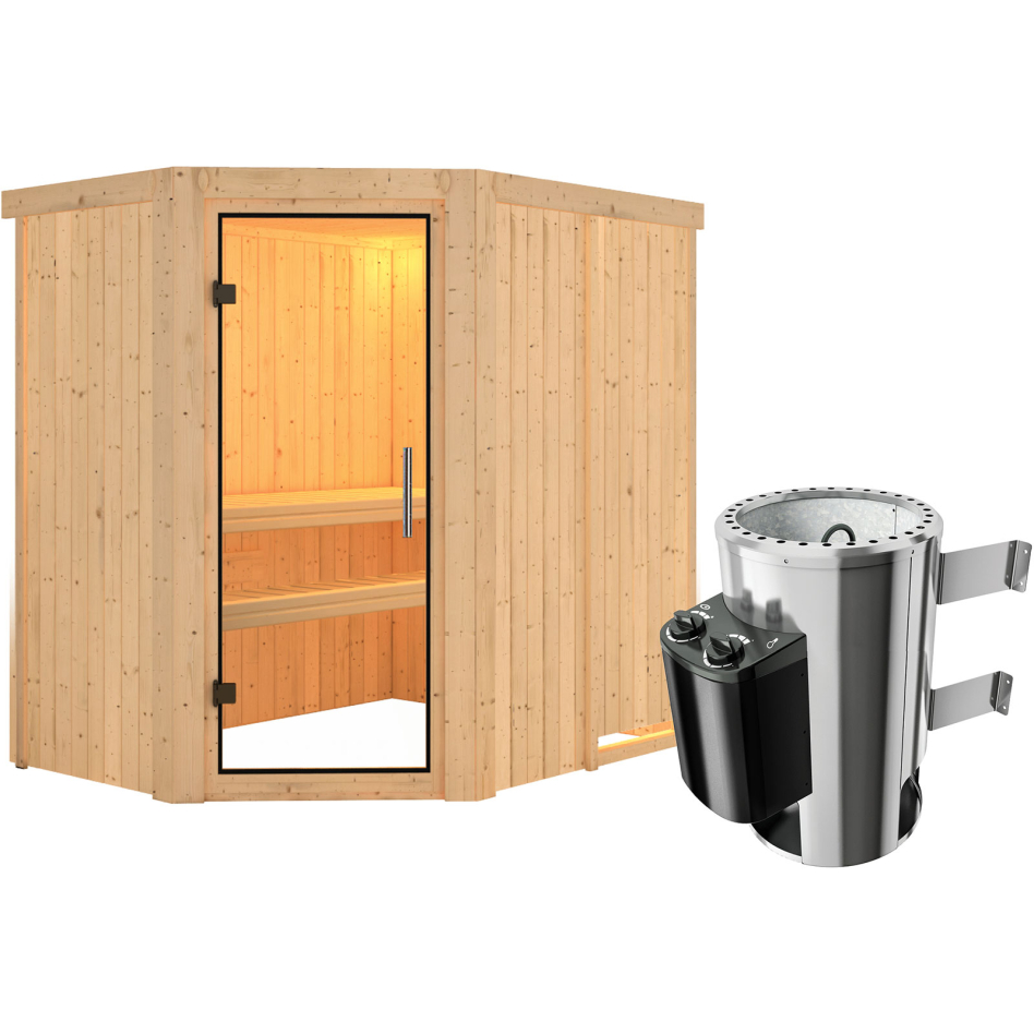 Sauna Karibu Saja, 3,6 kW Ofen, Plug&Play int. Steuerung, Porte tout verre,sans corniche,vitrage claire
