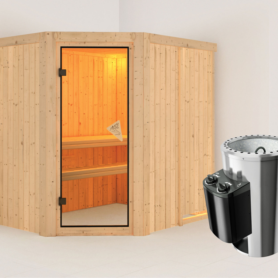 Sauna Karibu Saja, 3,6 kW Ofen, Plug&Play int. Steuerung, bronzé,Porte tout verre,sans corniche