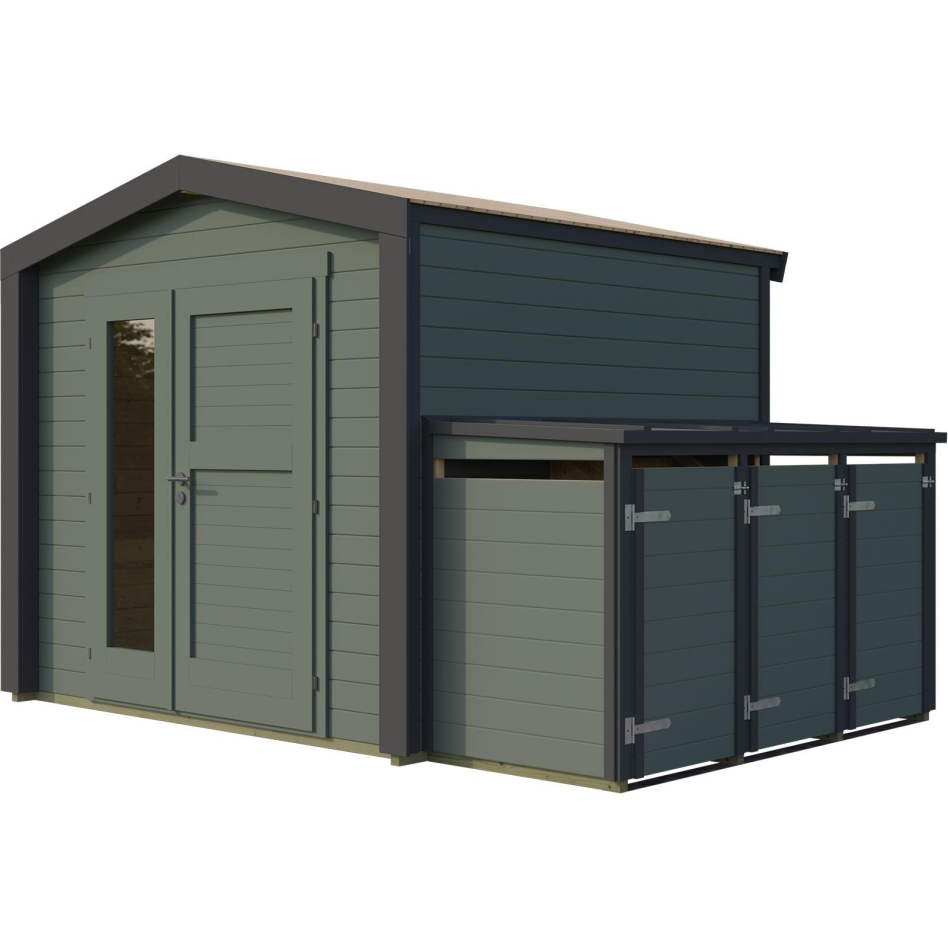 weka Gartenhaus Killarney Graugrün-Anthrazit inkl. 3er Mülltonnenbox, Ja, 250x250 cm,links Vollglas, rechts Holzfüllung
