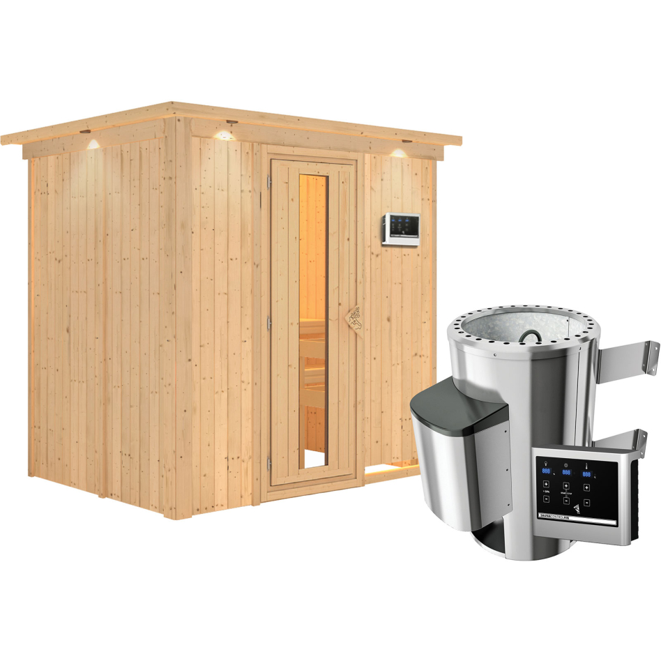 Karibu Sauna Fanja, Easy Finnisch 3,6 kW Ofen, avec costière de toiture,Porte en bois avec vitrage isolant,vitrage claire