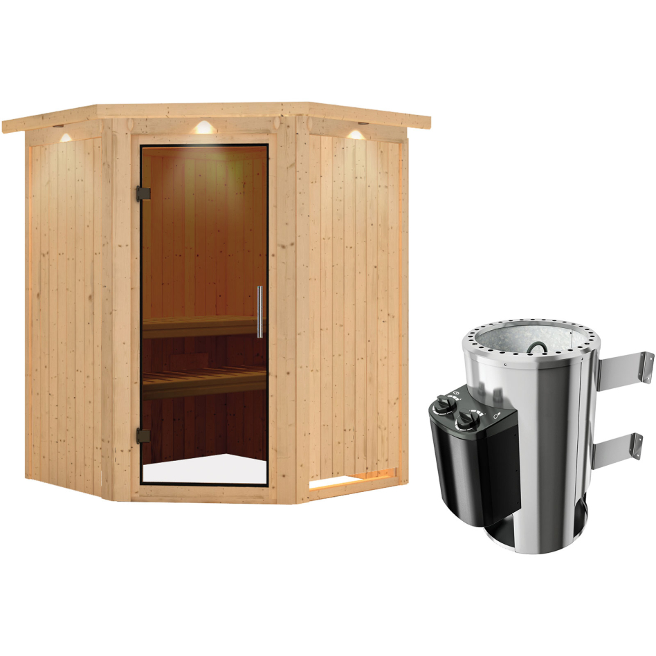Karibu Sauna Nanja, 3,6 kW Ofen, Plug&Play int. Steuerung, avec costière de toiture,graphit,Porte tout verre