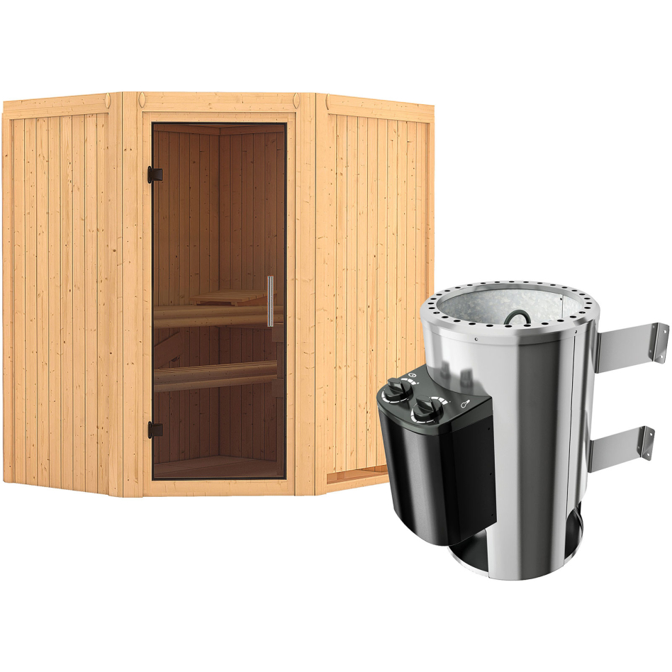 Karibu Sauna Tonja, 3,6 kW Ofen, Plug&Play int. Steuerung, graphit,Porte tout verre,sans corniche