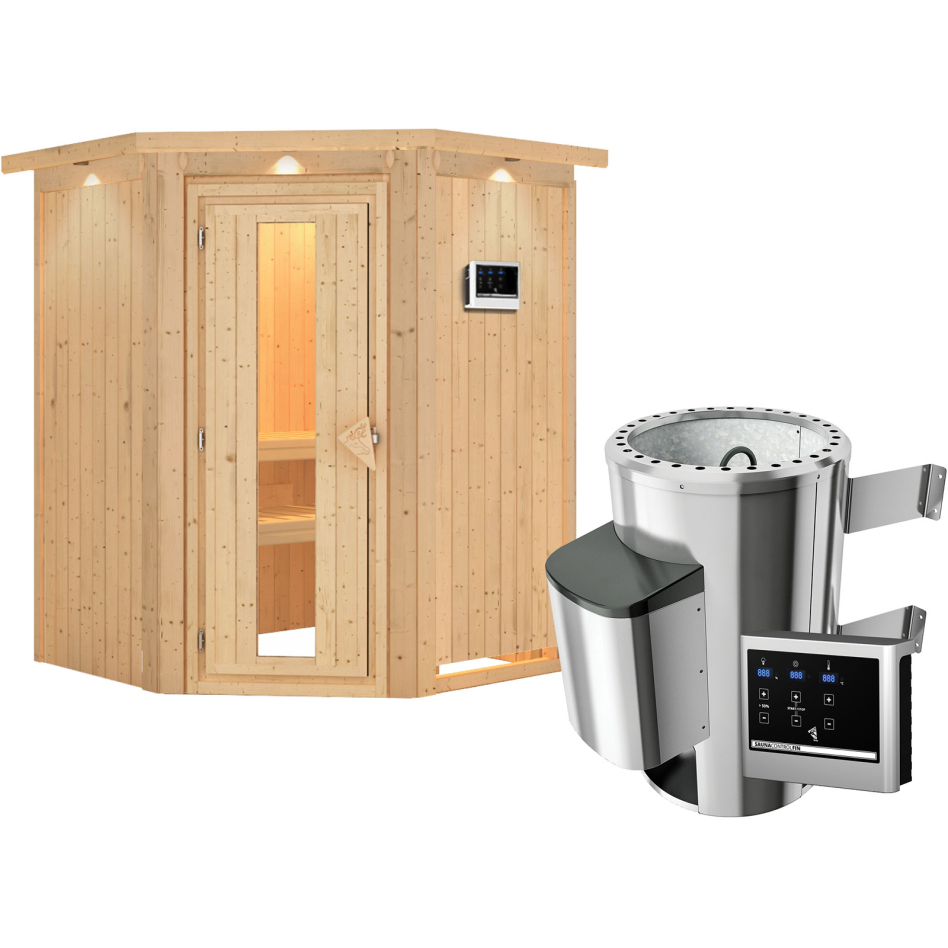 Karibu Sauna Nanja, Easy Finnisch 3,6 kW Ofen, avec costière de toiture,Porte en bois avec vitrage isolant,vitrage claire