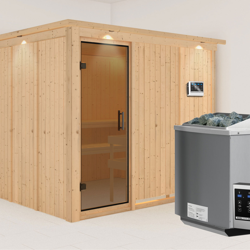 Karibu Sauna Gobin, 9 kW cmd ext. Easy Bio, avec costière de toiture,graphit,Porte tout verre