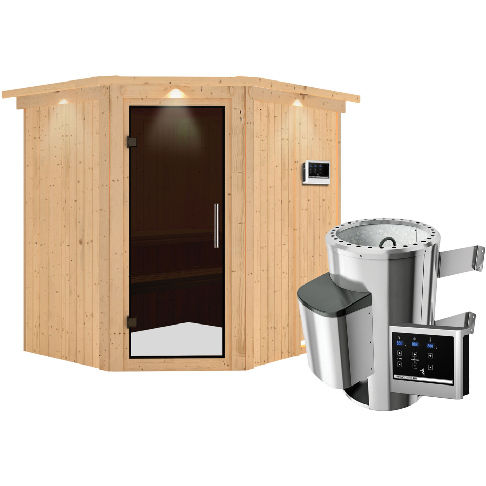 Sauna Karibu Lilja, Easy Finnisch 3,6 kW Ofen, avec costière de toiture,graphit,Porte tout verre