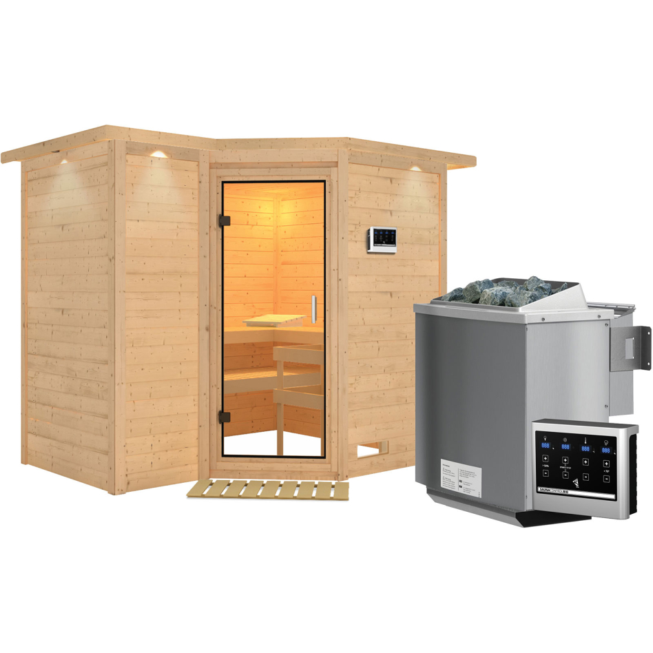 Karibu Sauna Sahib 2, 9 kW cmd ext. Easy Bio, avec costière de toiture,Porte tout verre,vitrage claire